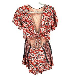 Free People Surf Date Copper Floral Cut Out Tie Front Romper Women's 6 Boho Chic